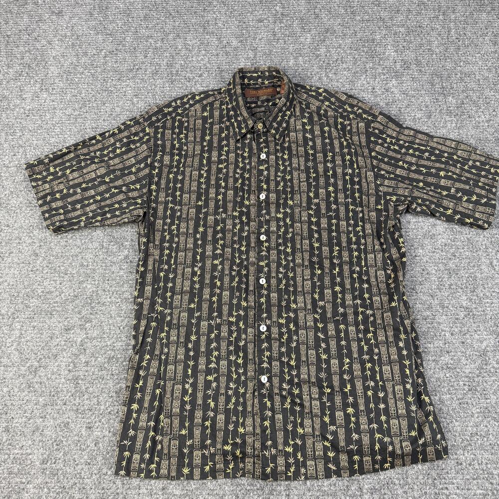 Tori Richard Shirt Mens Medium Black Aloha Hawaiian Tiki Bamboo Print Made USA